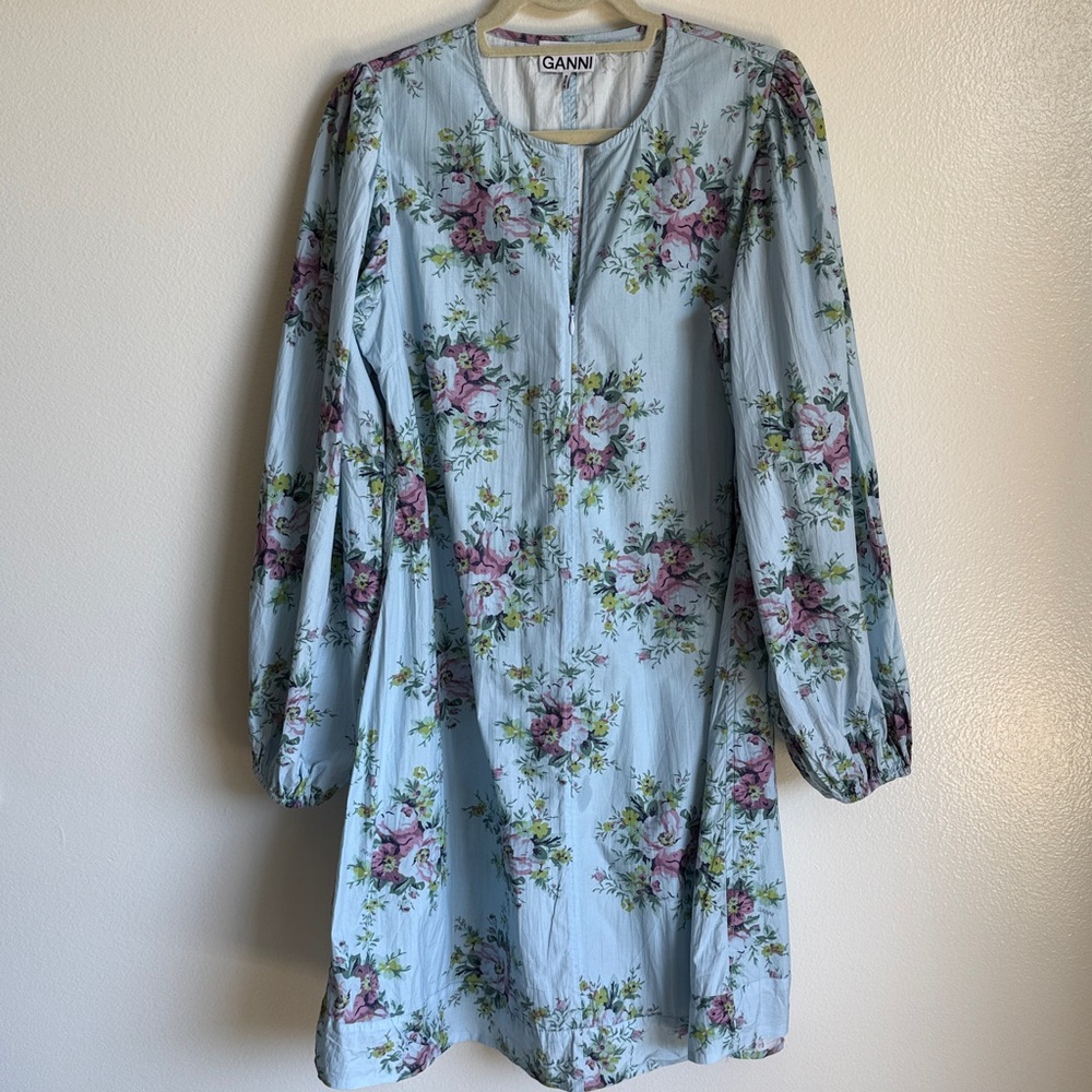 Ganni 100% Cotton Sky Blue Long Sleeve Dress, Pink Green Floral Print, EU 42